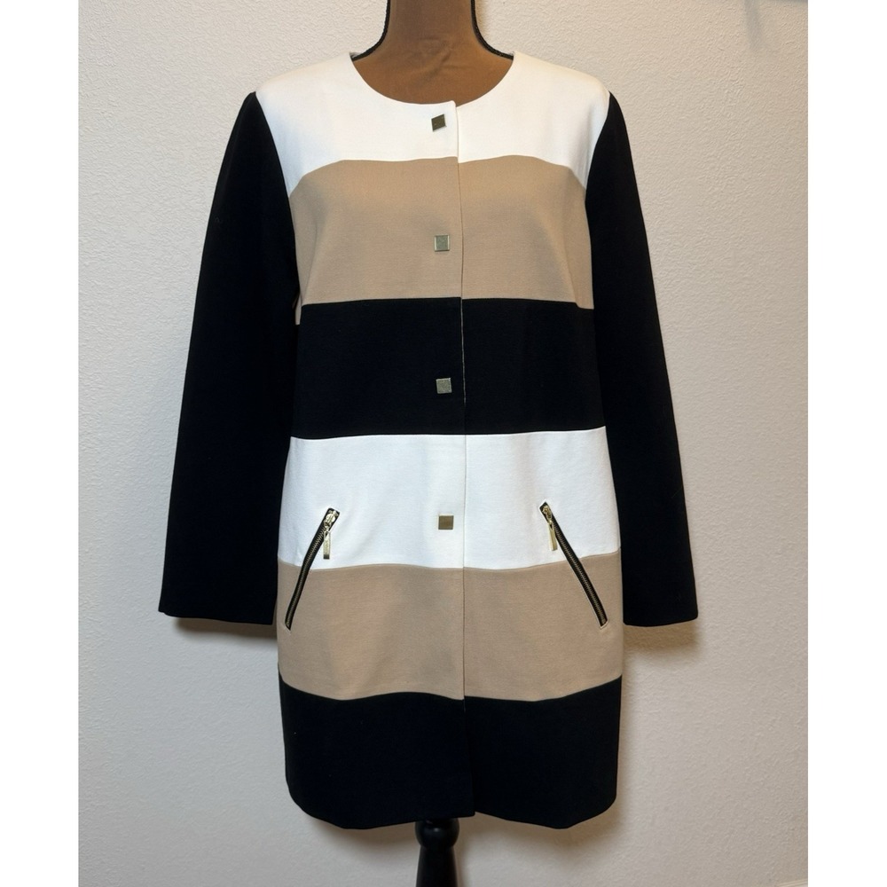 Chico's Size 2 (L) Ponte Knit Colorblock Long Statement Jacket Black Ivory Tan